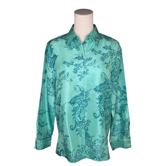 c.l.o.t.h.e.s Silk Floral Blouse Green Blue Button Down Long Sleeve Shirt S - Picture 1 of 6